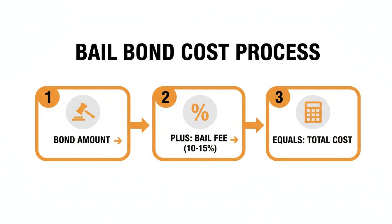 Infographic illustrating the three-step bail bond cost process: bond amount, plus bail fee, equals total cost.