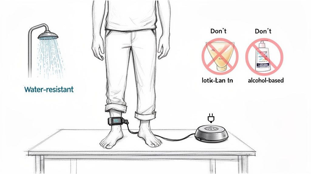 An illustration showing a water-resistant ankle monitor on a person's leg, with charging and care instructions.