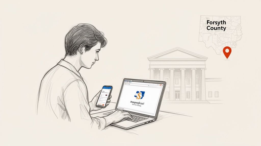 Person uses smartphone and laptop for online services, with courthouse and Forsyth County map in background.
