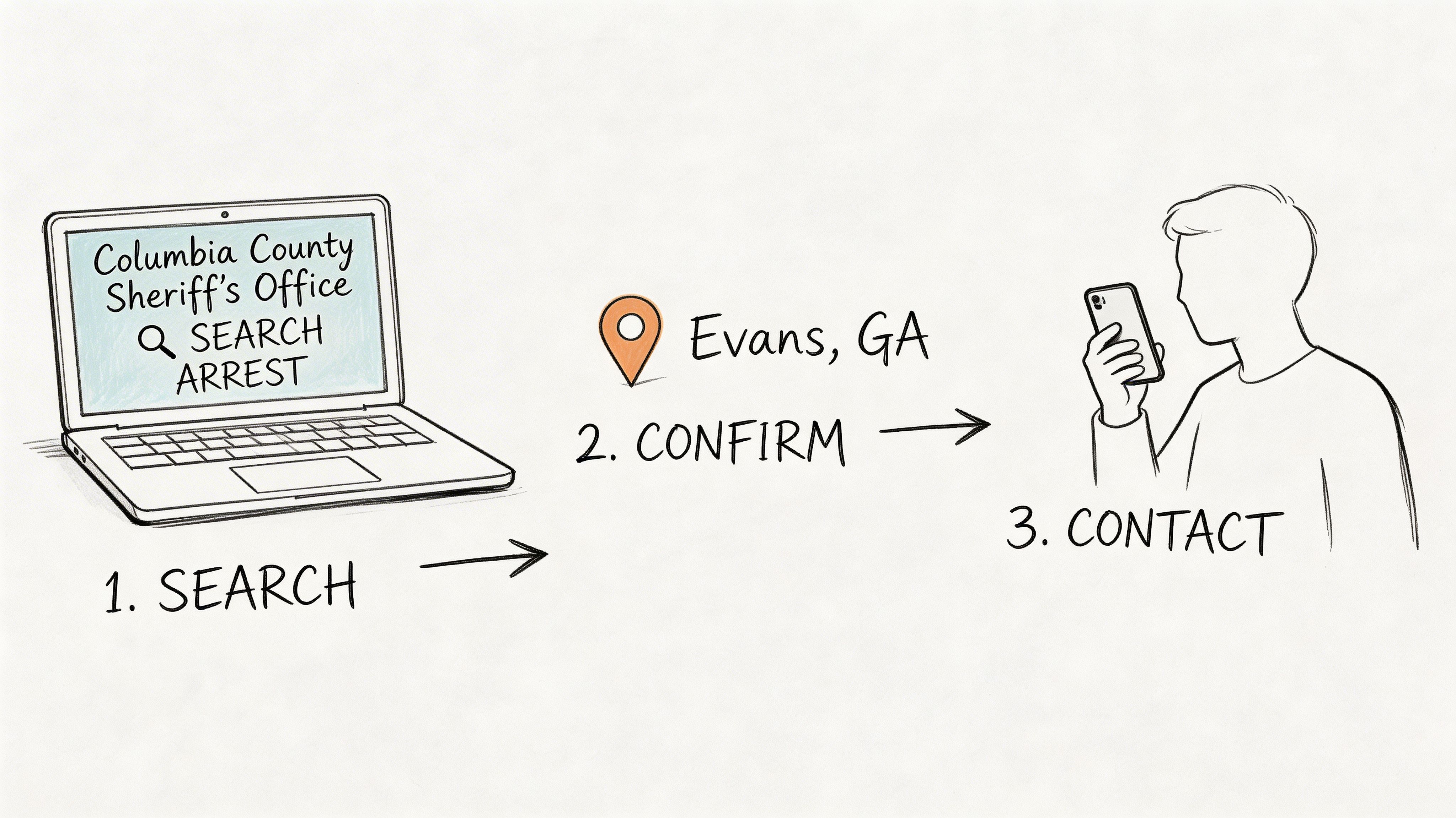 A simple infographic illustrating the steps to search for arrest reports in Columbia County, Georgia.