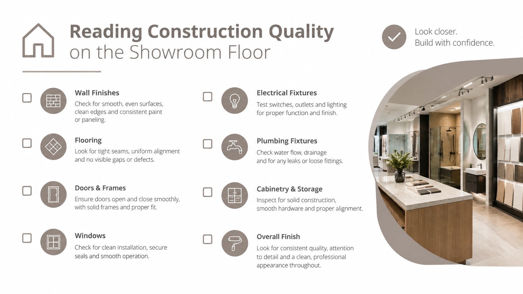 An infographic checklist for evaluating construction quality during a showroom visit, featuring eight key design elements.