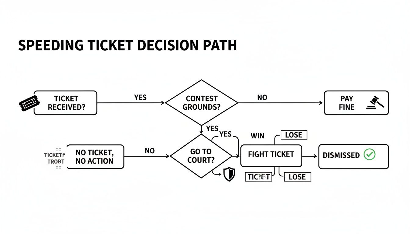Flowchart illustrating the decision path for a speeding ticket, from receipt to resolution.