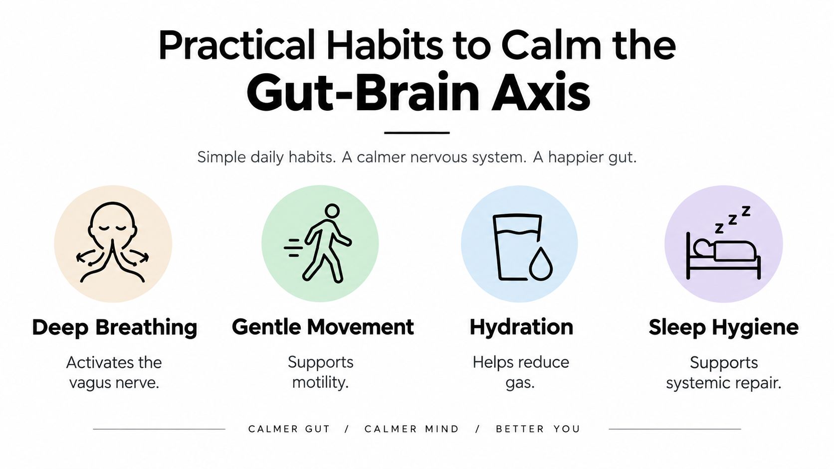 An infographic showing four healthy daily habits to improve the gut-brain axis, including breathing, movement, hydration, and sleep.