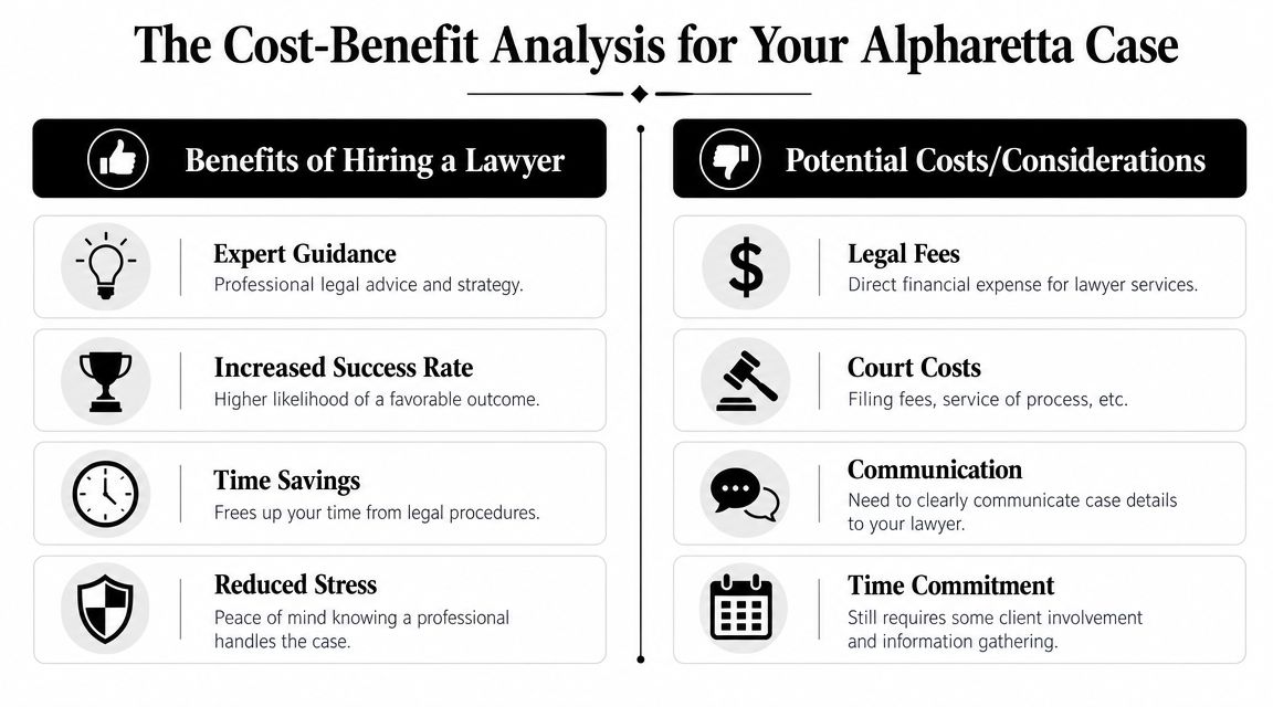 A comparison chart outlining the benefits and potential costs associated with hiring a legal professional for Alpharetta cases.