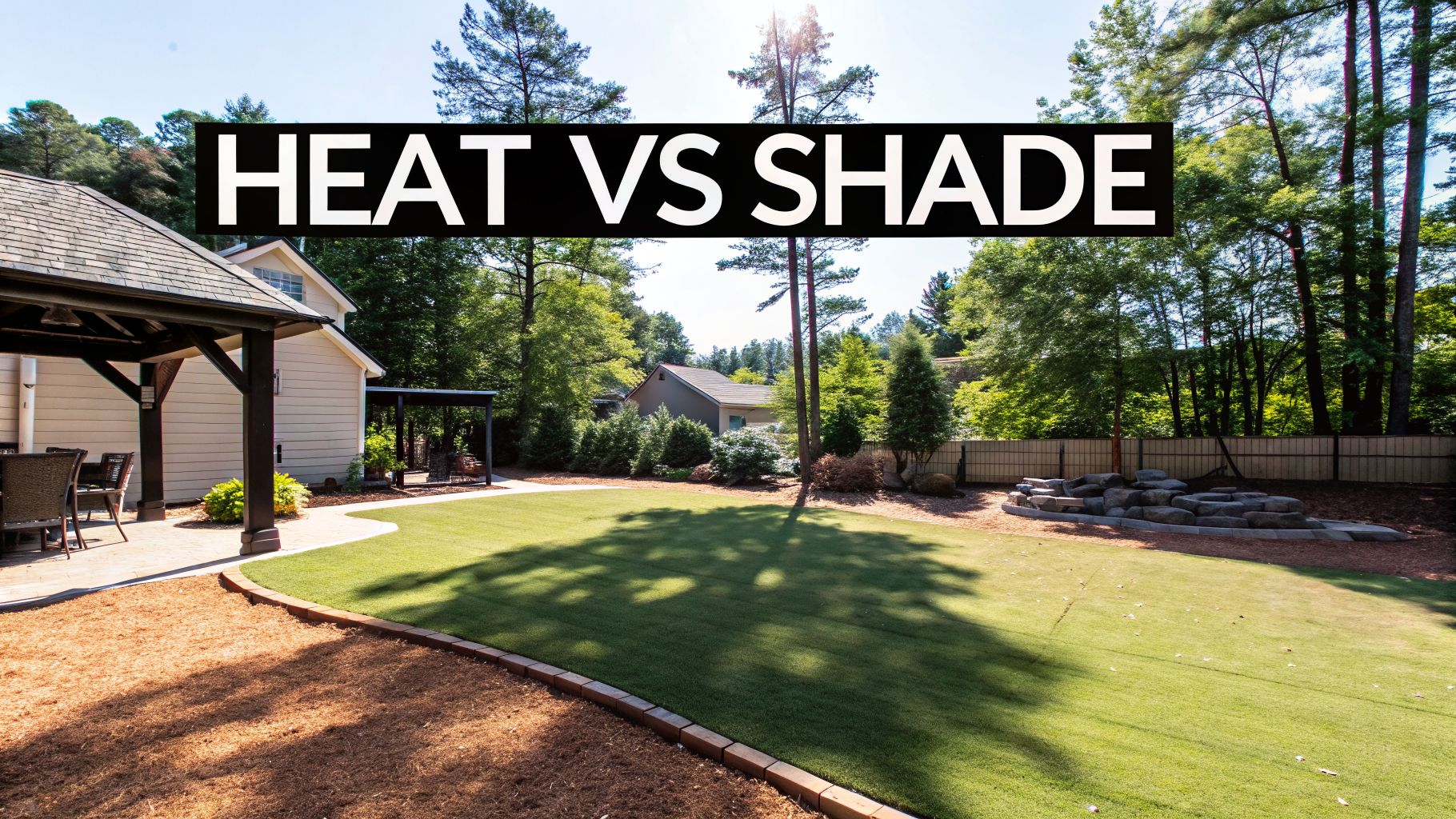 A sunny backyard with a lush green lawn, trees, and a house, featuring text 'HEAT VS SHADE'.