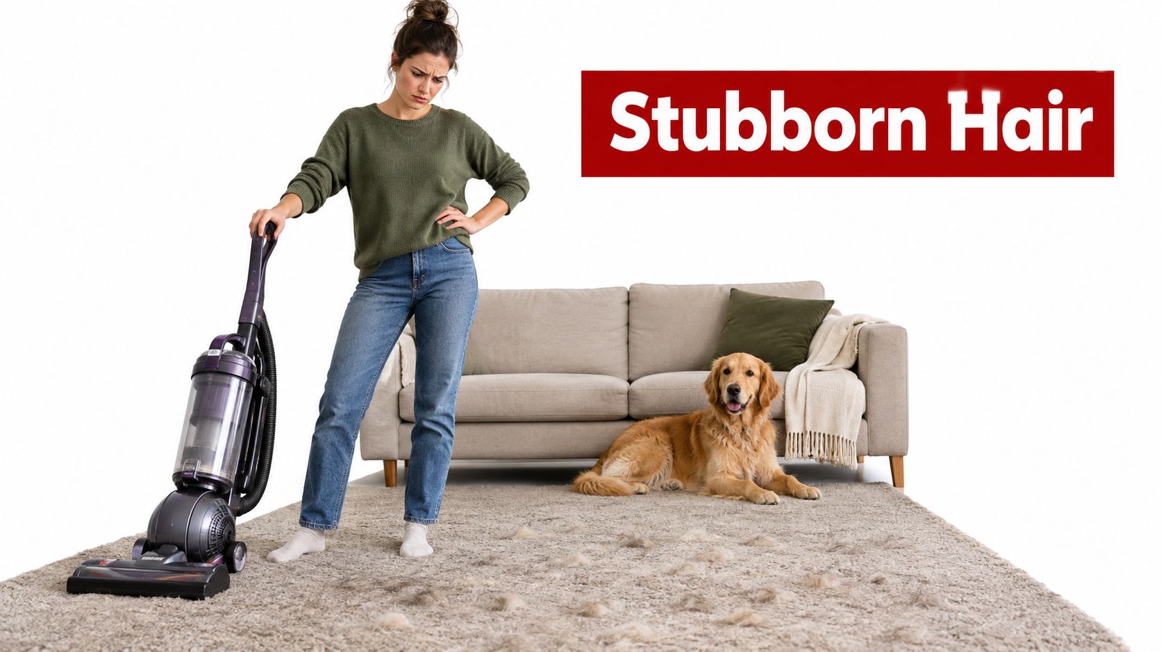 A woman looks frustrated while vacuuming pet hair from a carpet in front of her golden retriever.