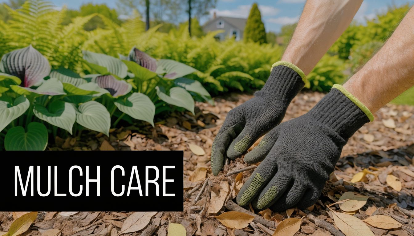 A gardener wearing protective work gloves tending to organic mulch around green leafy plants in a garden.