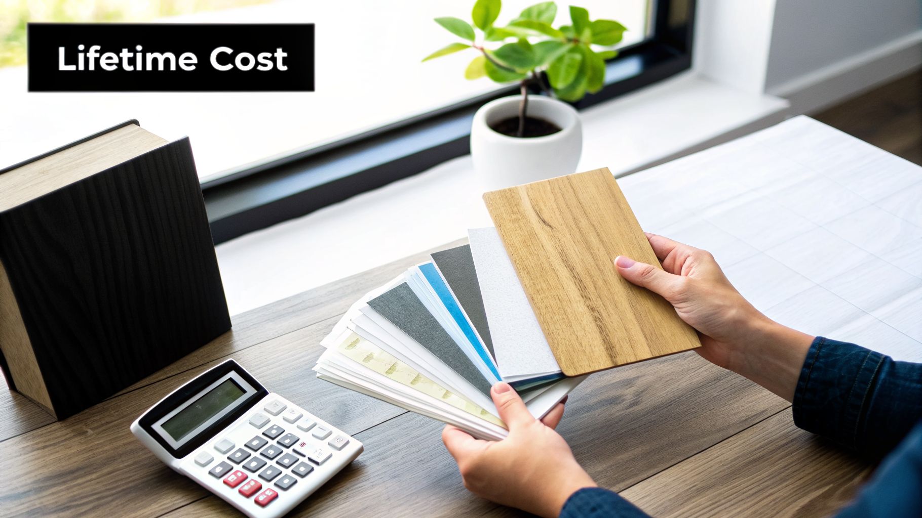 Person comparing various flooring samples, including wood and different colors, with a calculator and book on a desk, considering lifetime cost.