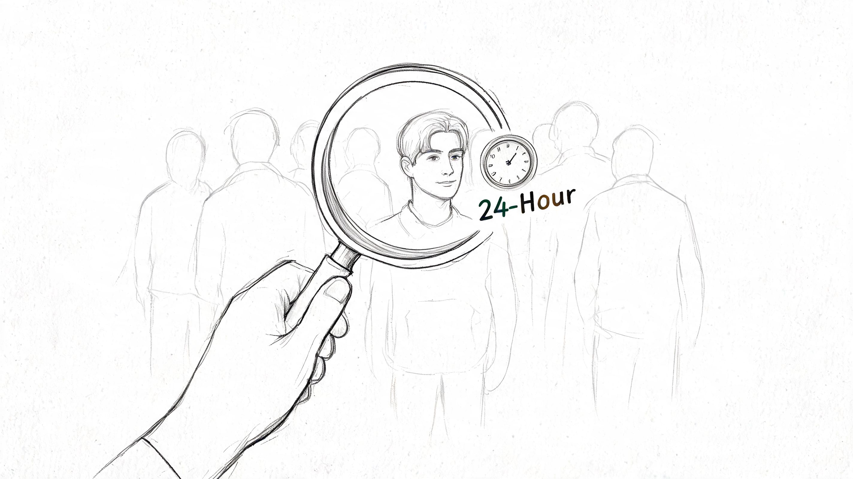 A hand holding a magnifying glass over a man with a clock icon and 24-hour text.