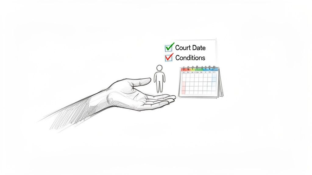 A sketch of a hand holding a person, a calendar, and a checklist with a checked court date and unmet conditions.