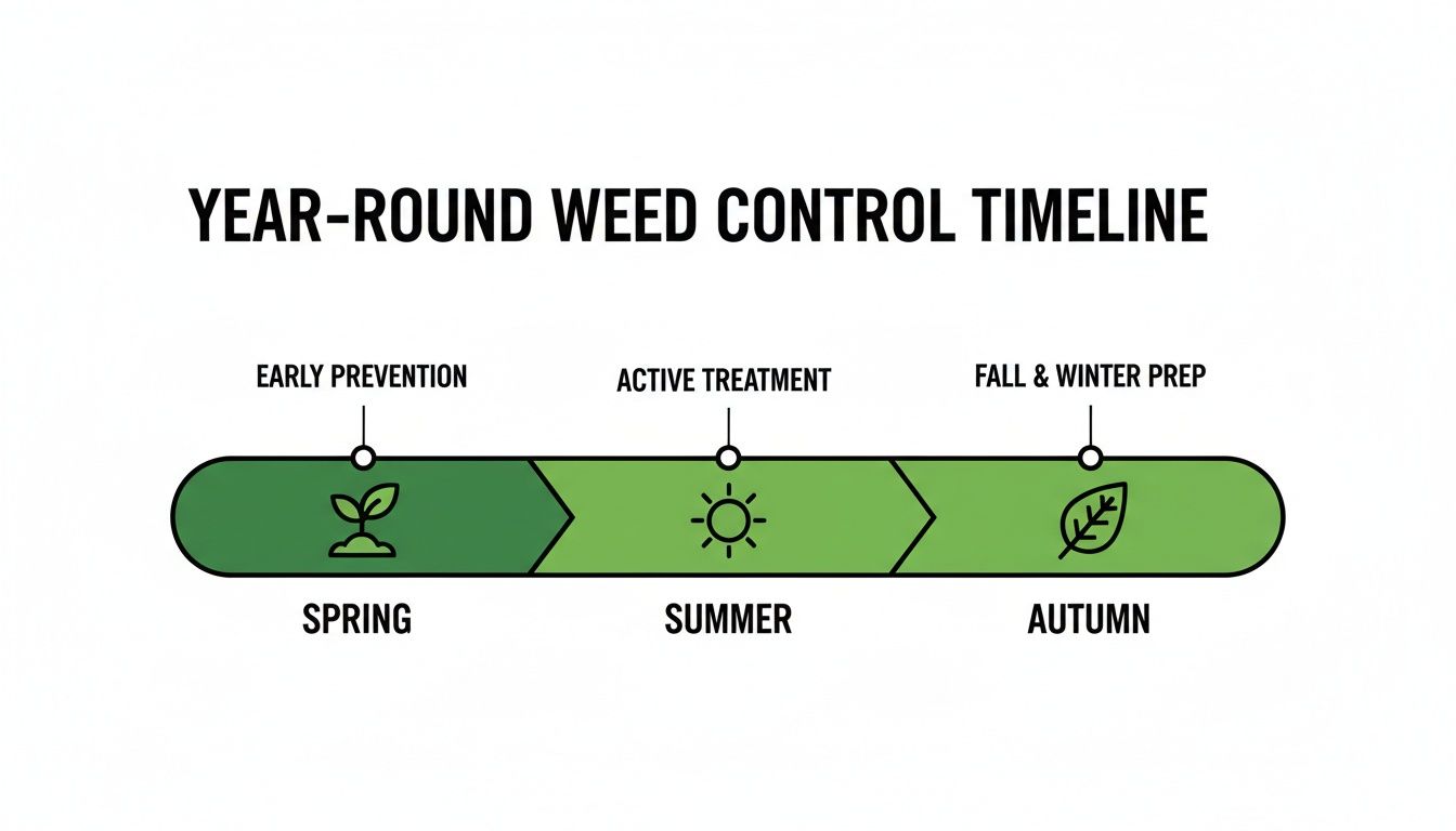 A year-round weed control timeline showing early prevention in spring, active treatment in summer, and fall & winter prep in autumn.