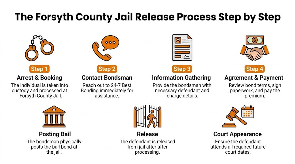A step-by-step infographic illustrating the Forsyth County jail release process, from arrest to court appearance.