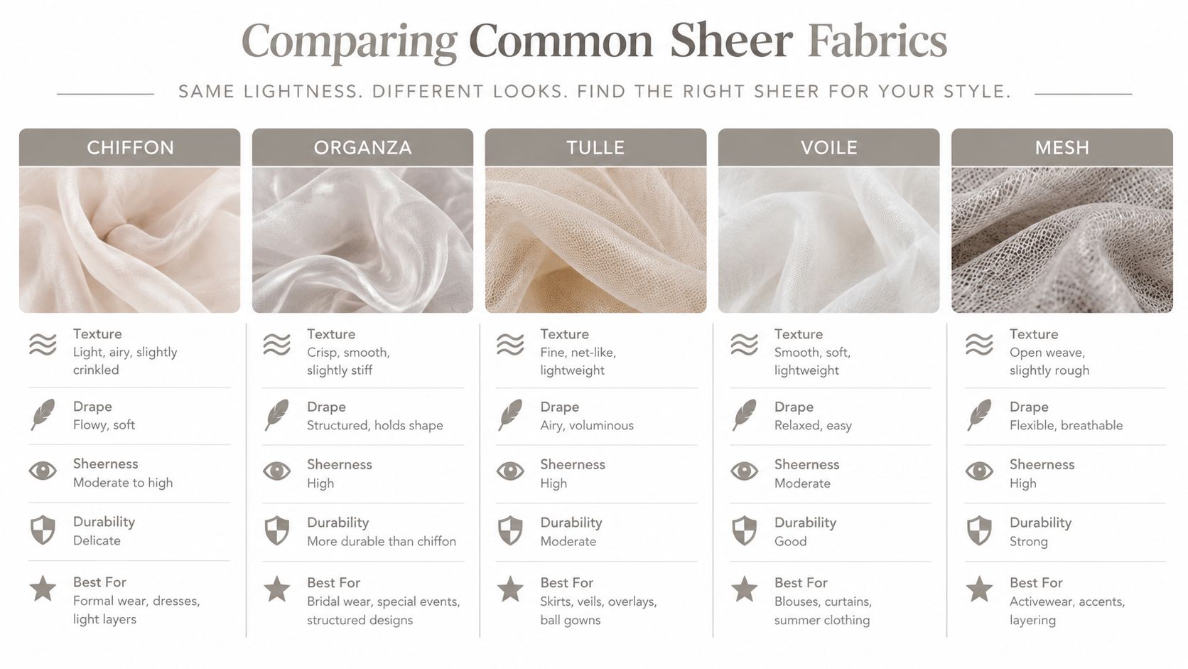 A comparison chart showing five types of sheer fabrics including chiffon, organza, tulle, voile, and mesh.