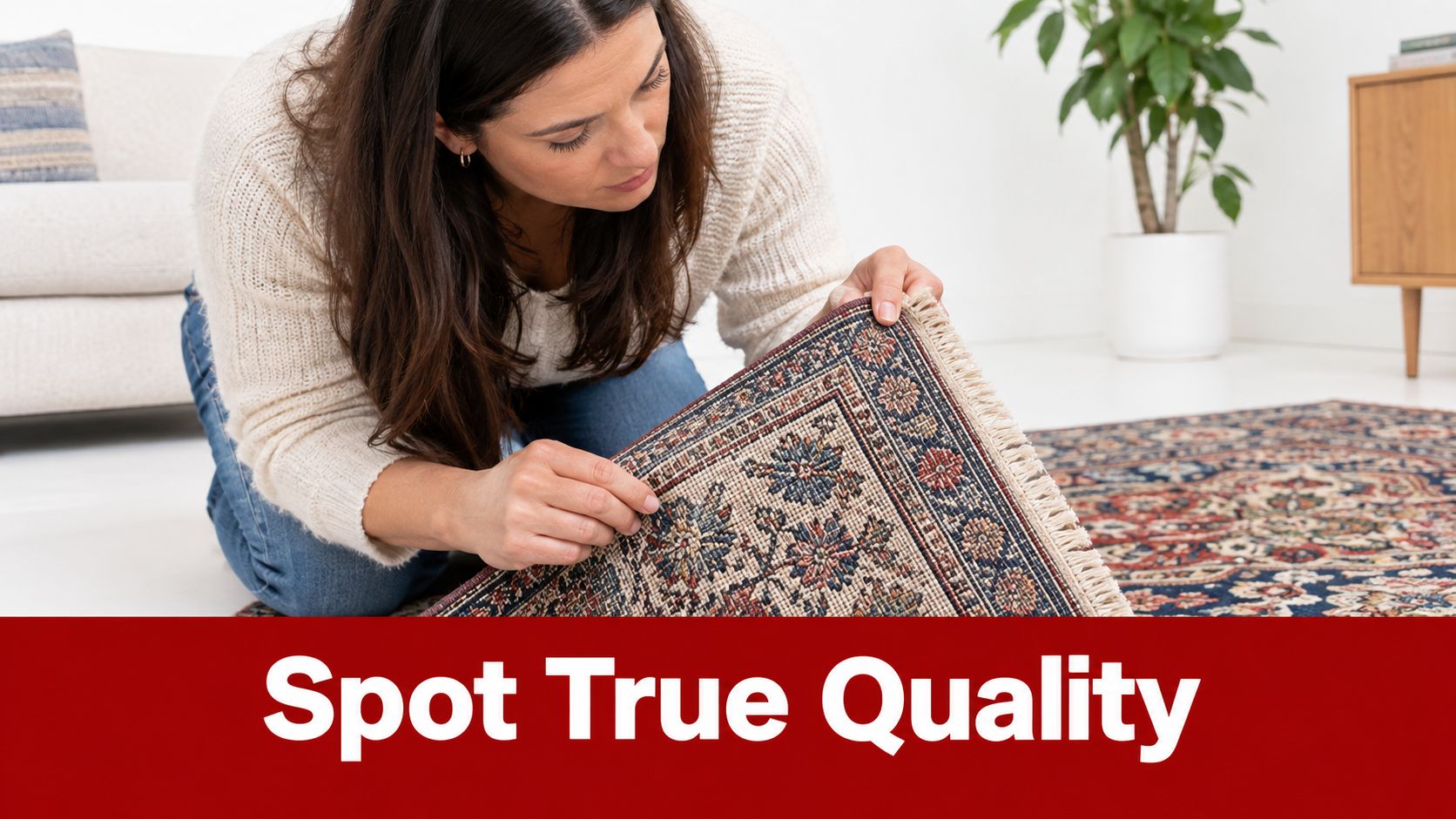 A woman examines the intricate woven details of a high-quality hand-woven silk rug in a bright room.