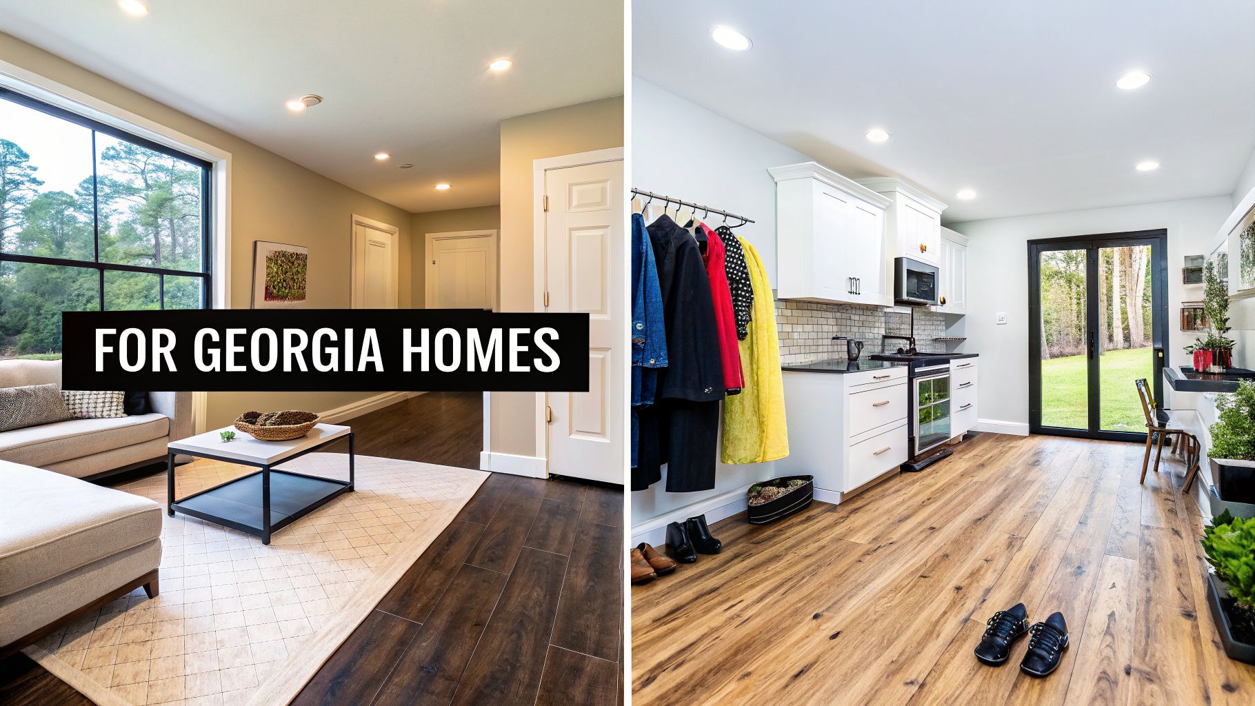 Split image showing a cozy living room with dark wood floors and a modern kitchen with light wood floors.