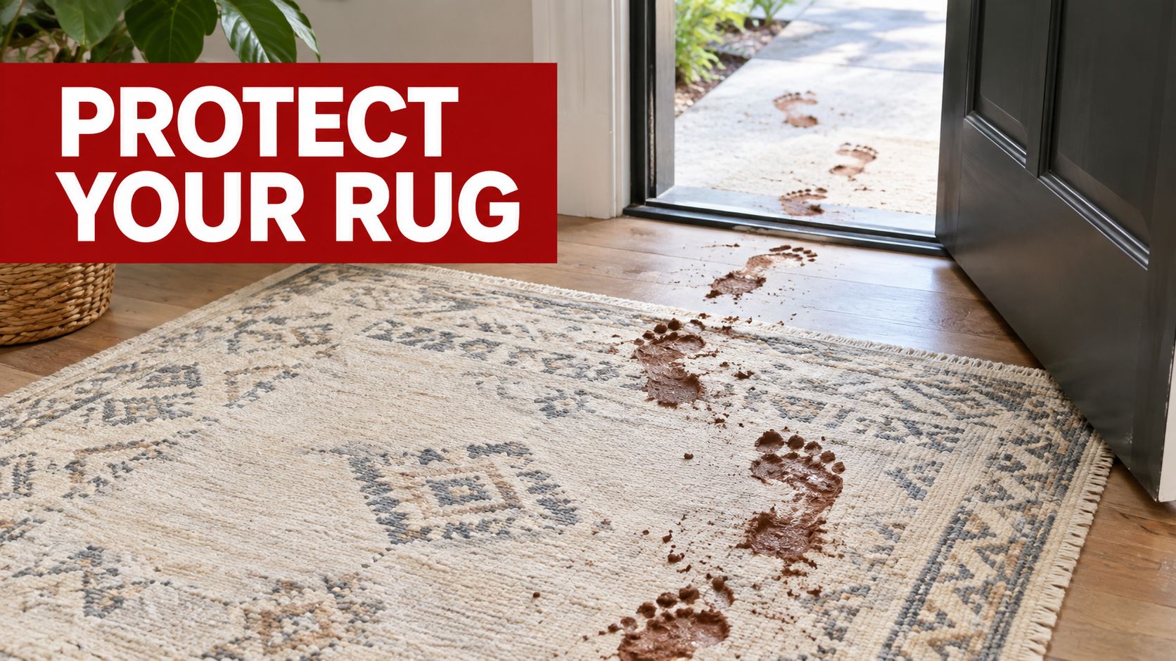 A muddy footprint path leads from an open doorway onto a decorative, light-colored area rug.