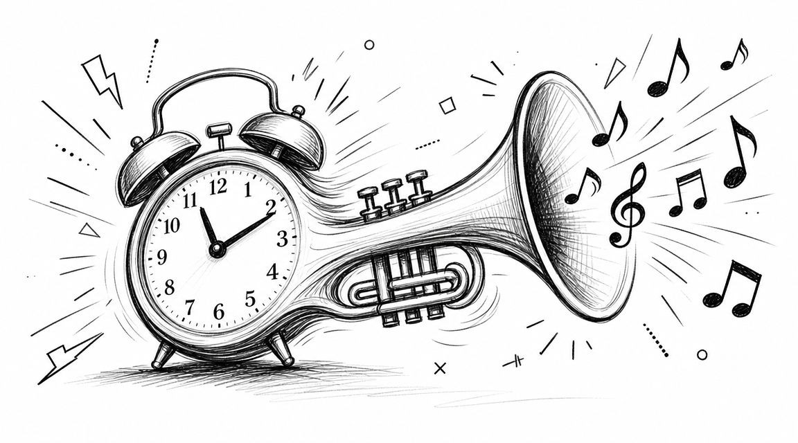 A creative sketch of an alarm clock merged with a musical trumpet blowing out musical notes.