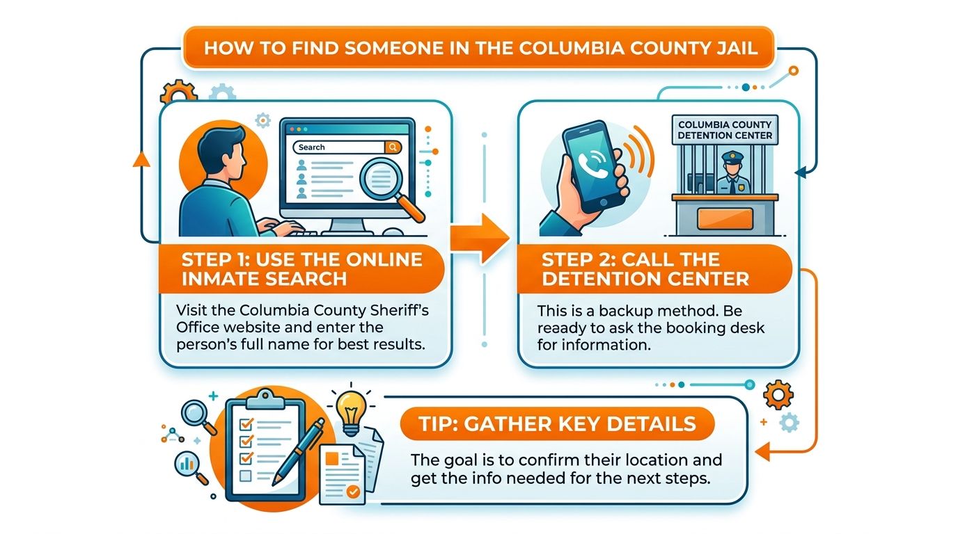 A diagram outlining steps to locate someone in the Columbia County Jail using online searches and phone calls.