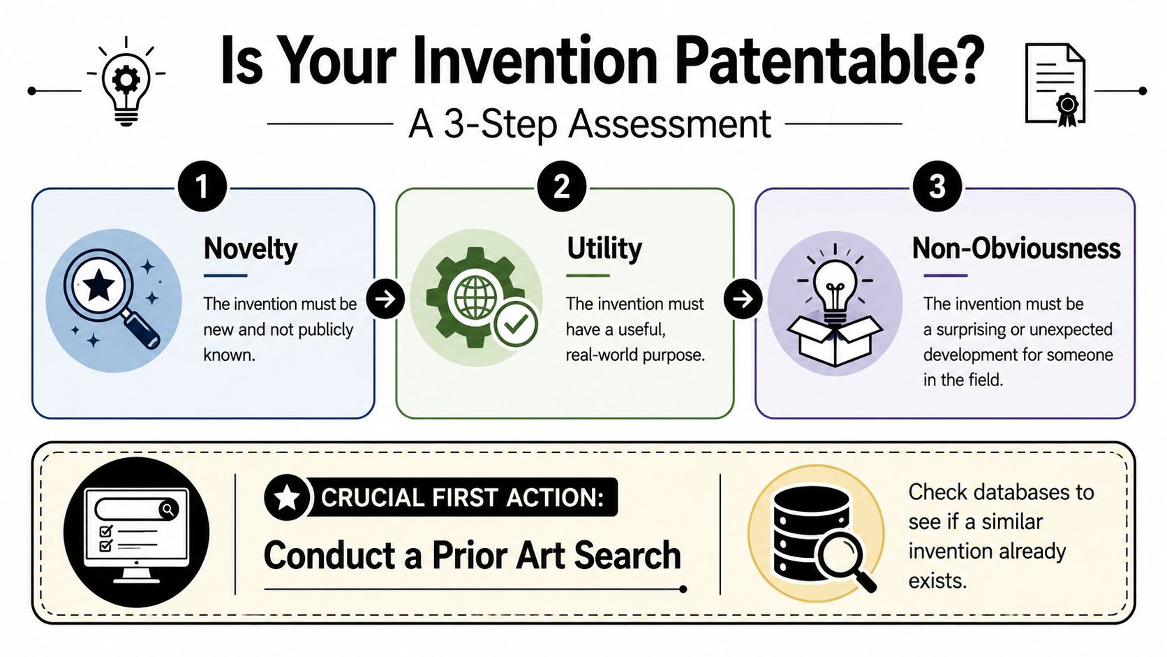 An infographic detailing the three main steps to determine if an invention is eligible for a patent.
