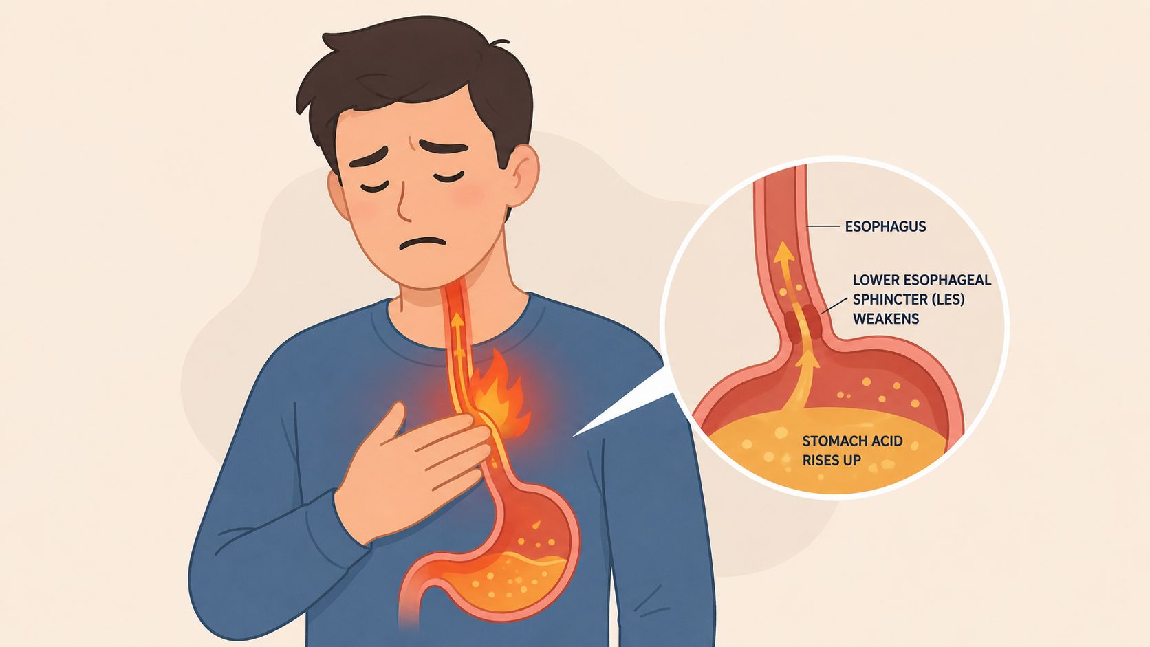 A person suffering from heartburn with a diagram showing stomach acid rising through a weak esophageal sphincter.