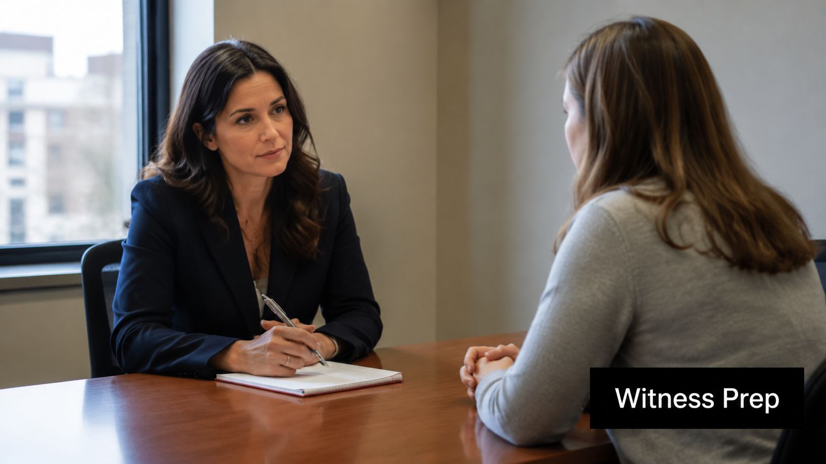 A professional lawyer sitting at a desk and preparing a client for a courtroom trial deposition.
