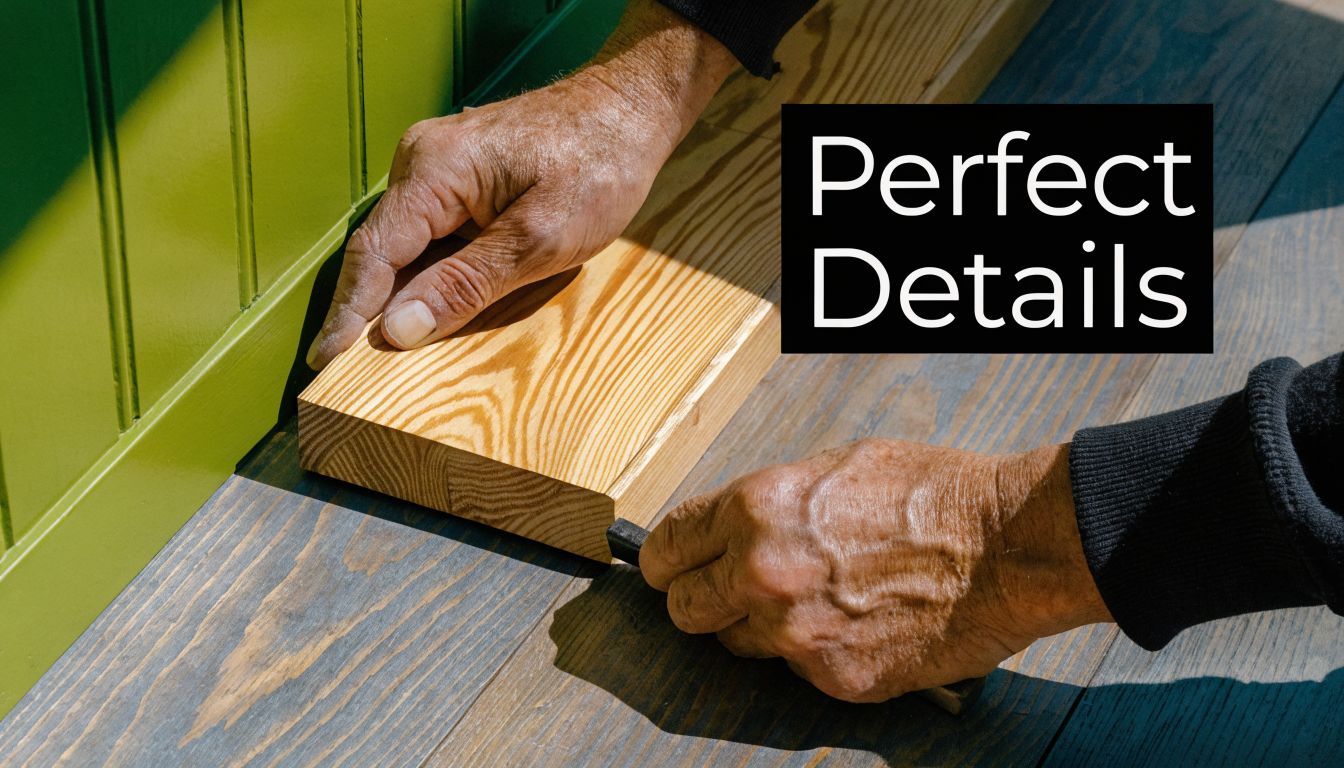 A craftsman's hands precisely install a wooden plank floor against a vibrant green wall inside a room.