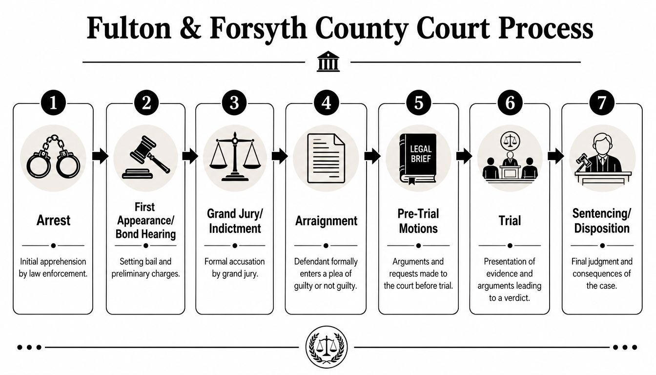 A flow chart outlining the seven stages of the Fulton and Forsyth County legal court process.