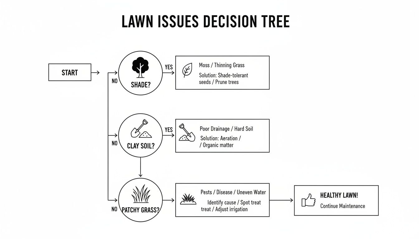 A detailed flowchart showing a lawn issues decision tree for diagnosing common grass problems and finding solutions.