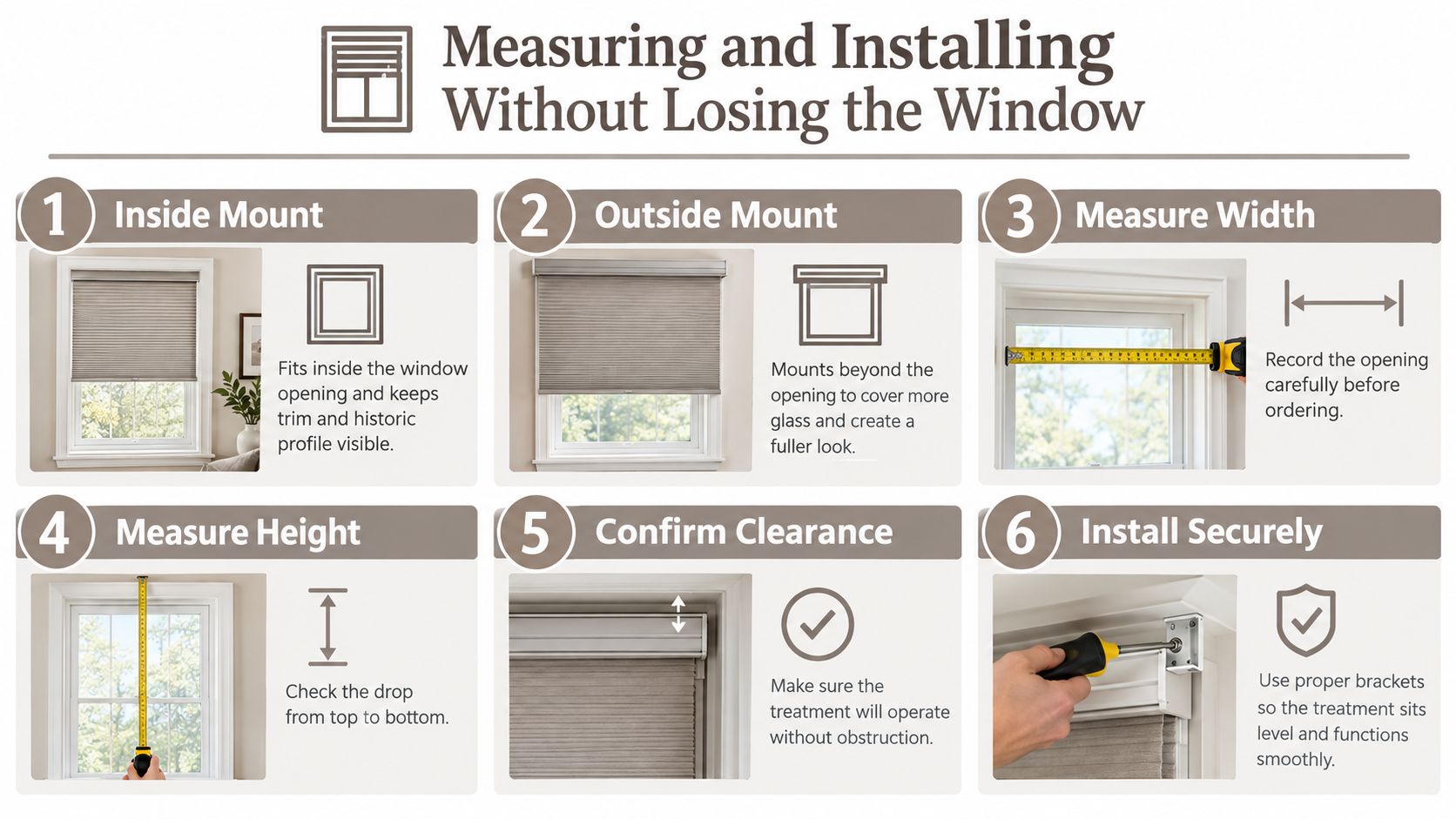 An instructional graphic explaining the six steps for measuring and installing custom window treatments properly.