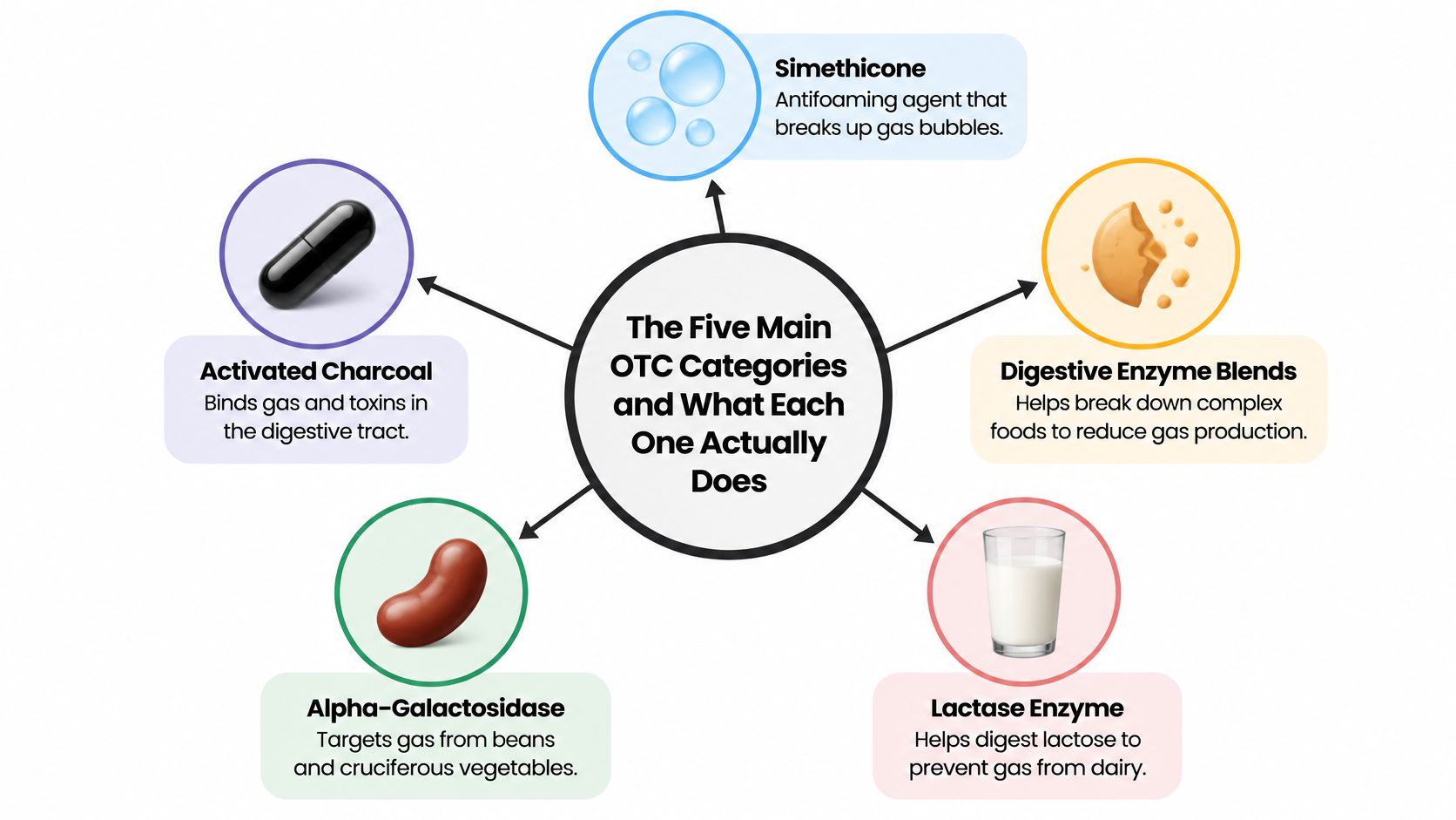An infographic showing five main over-the-counter categories for stomach gas relief and their specific digestive functions.