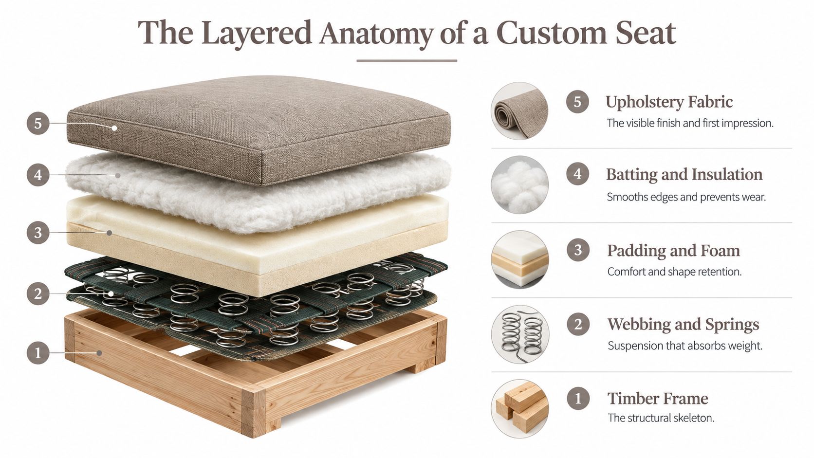 An exploded view diagram showing the five distinct layers that make up a custom upholstery seat.
