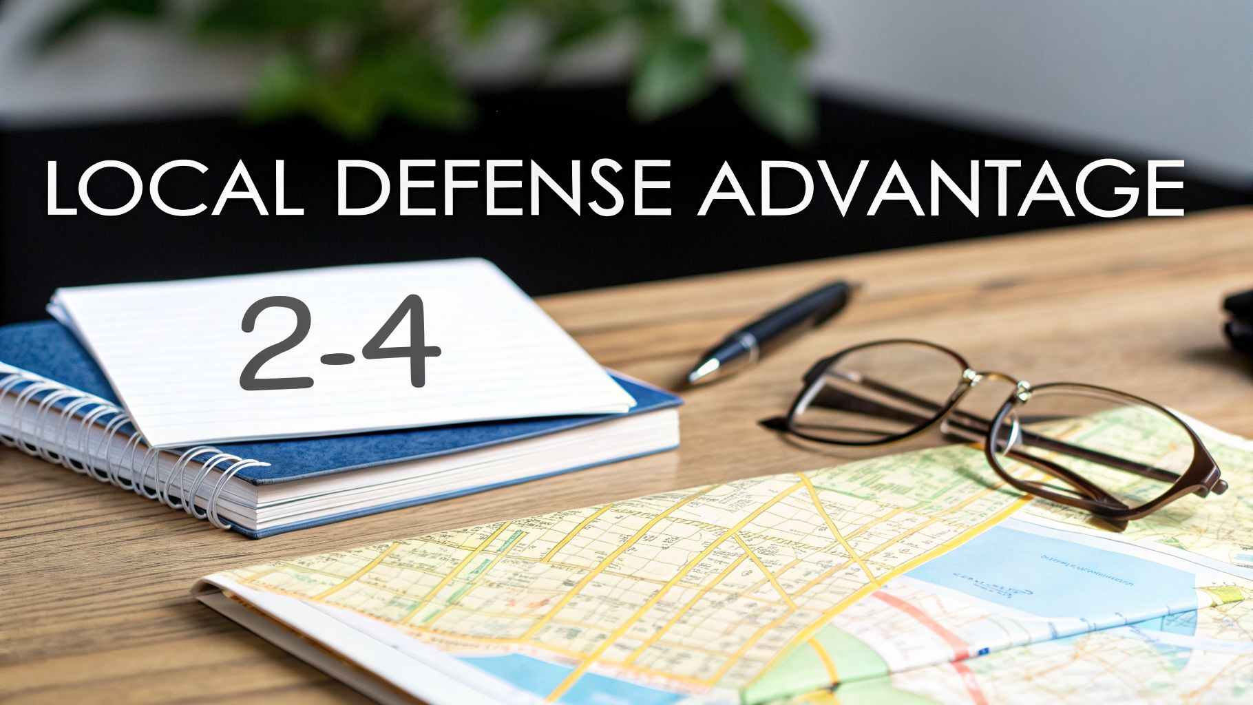 A desk with a notebook showing '2-4', a pen, glasses, and a map, with 'LOCAL DEFENSE ADVANTAGE' text overlay.