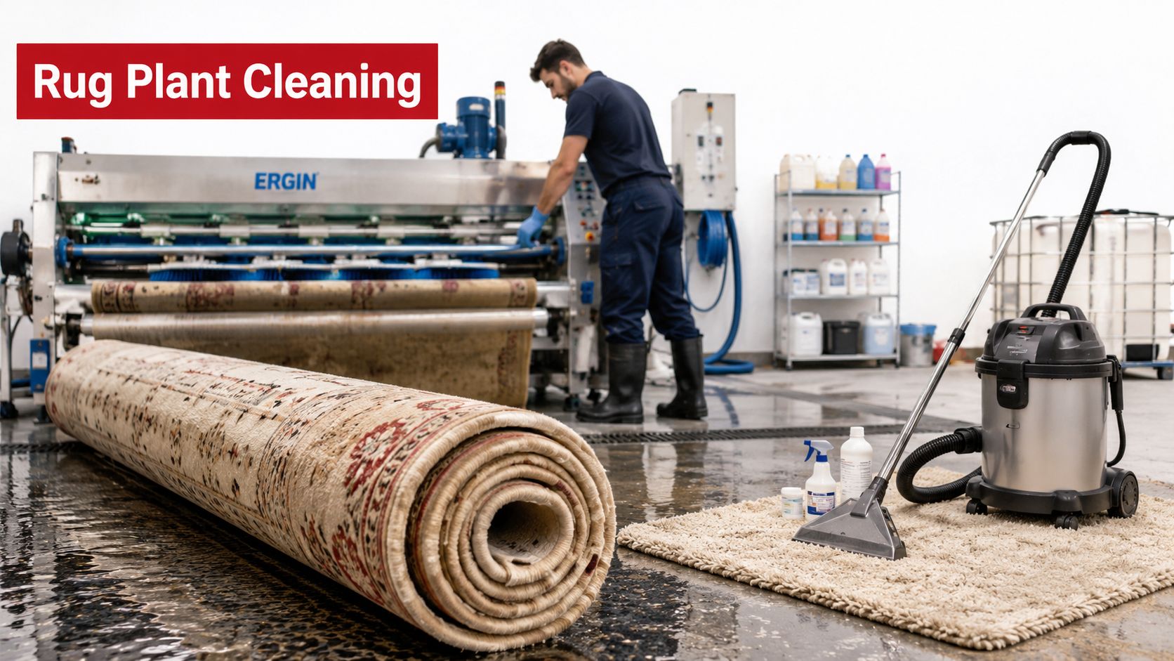A professional carpet cleaner working in a rug plant facility with large cleaning equipment and vacuum tools.