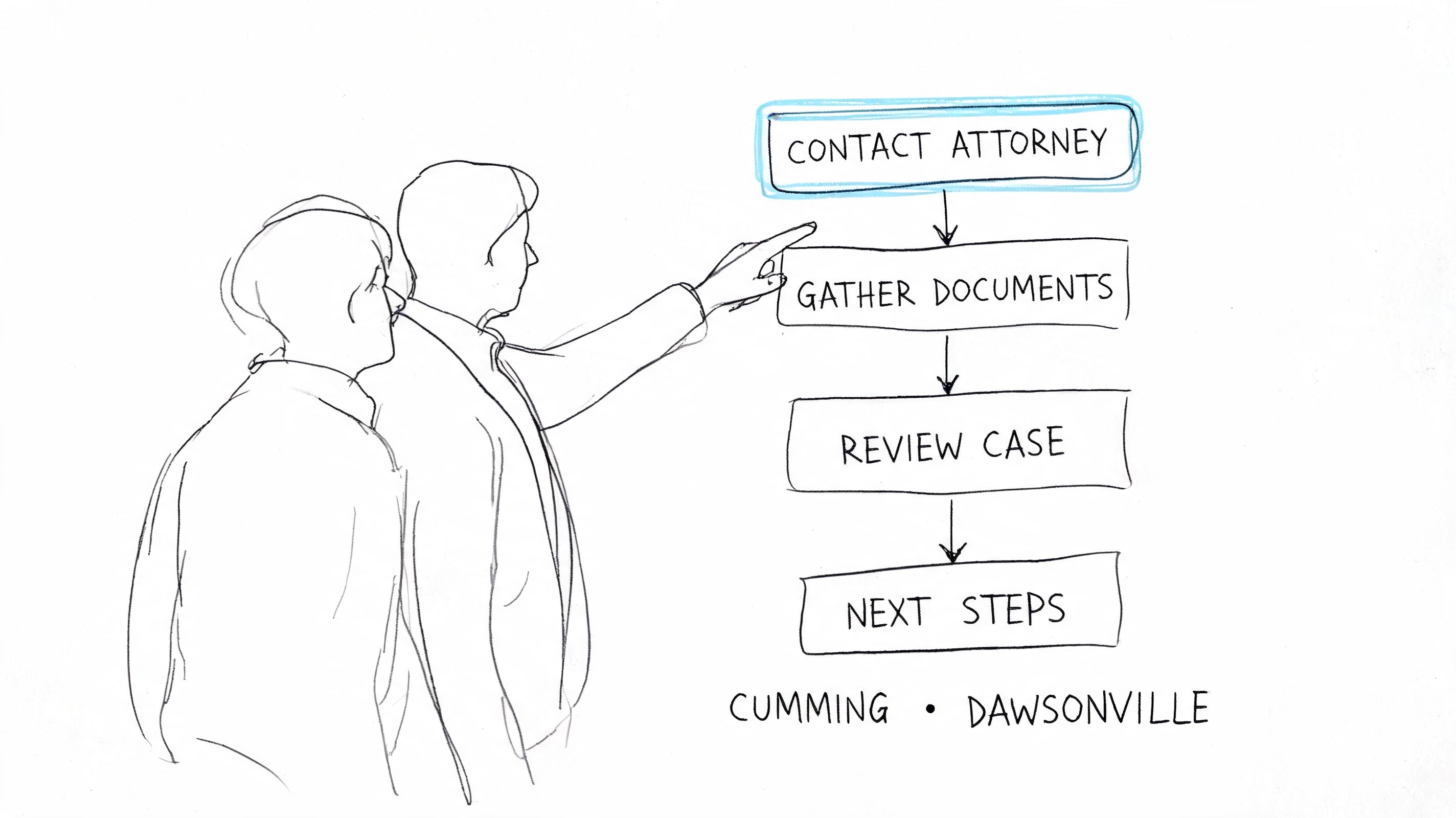 A line drawing of two people pointing to a flowchart showing the steps to legal representation.
