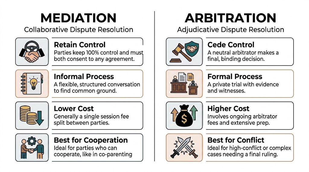 A comparison chart outlining the key differences between mediation and arbitration for dispute resolution.