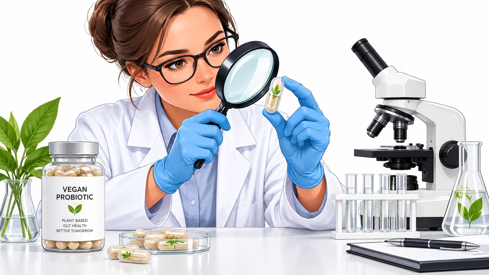A female scientist in a white coat examines a vegan probiotic capsule with a magnifying glass.