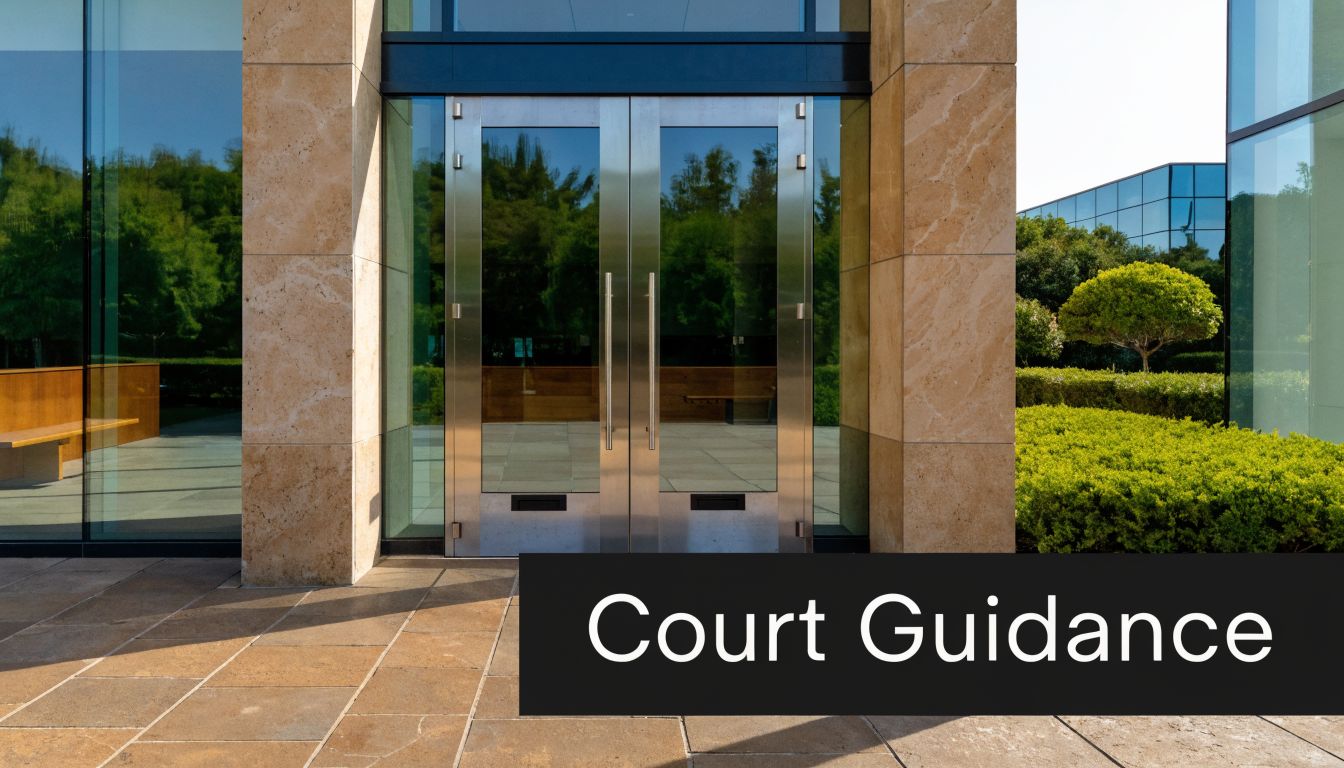 A modern glass entrance to a building with stone walls and the words Court Guidance overlaid.
