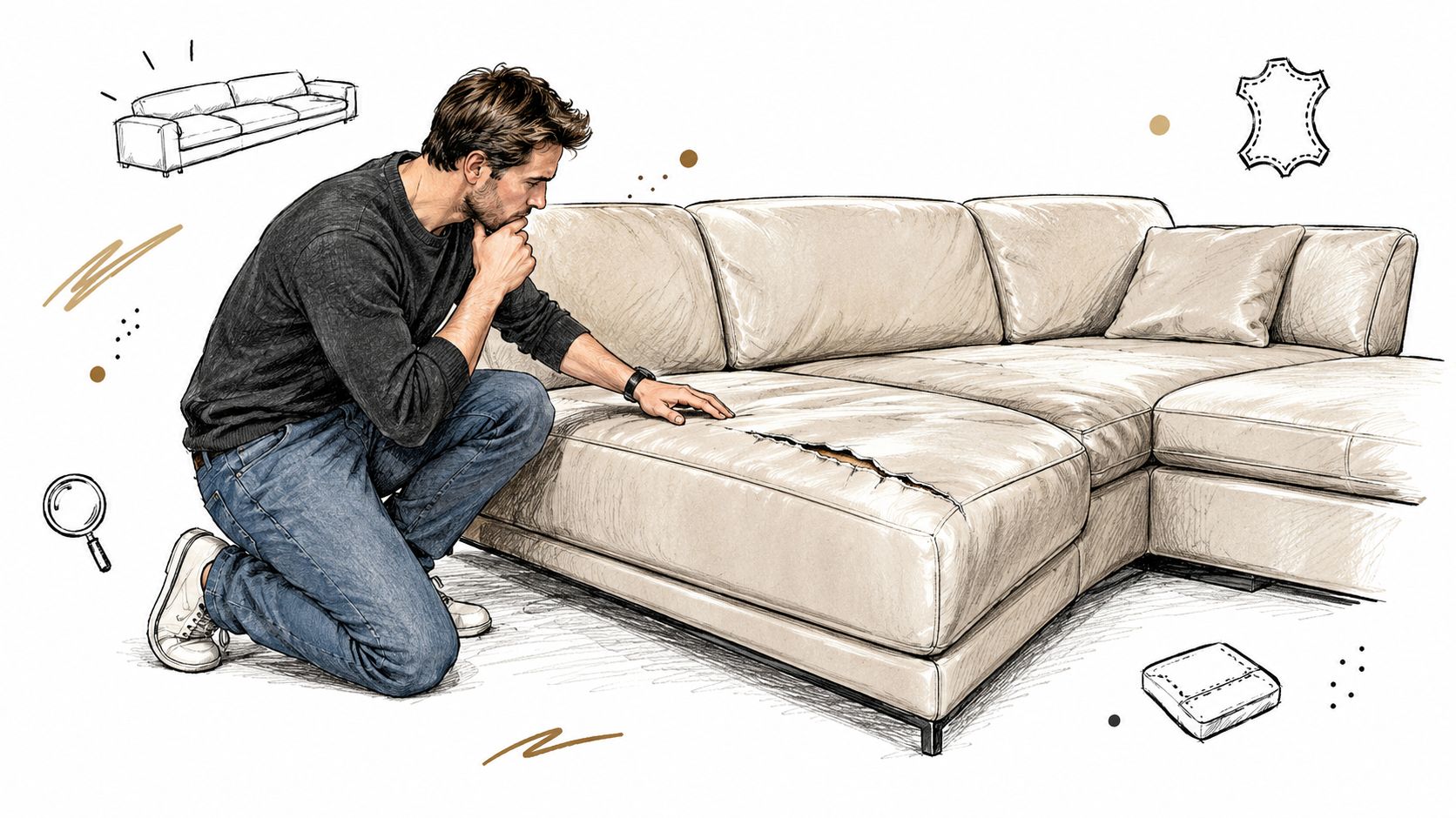 A man kneeling and inspecting a tear on the fabric of a large beige sectional sofa