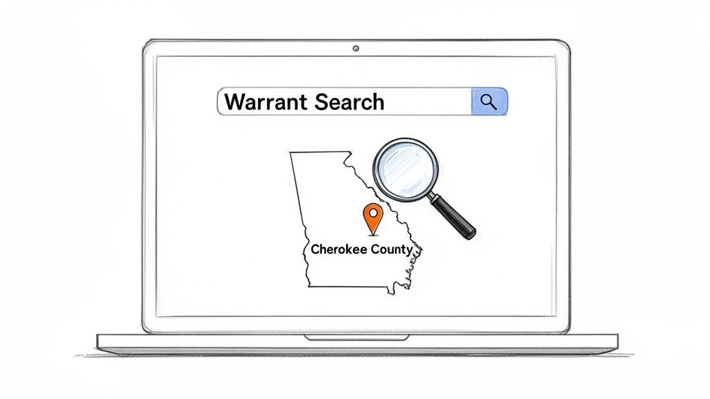 A laptop screen showing a 'Warrant Search' in a search bar, with a map of Georgia and a pin on Cherokee County.