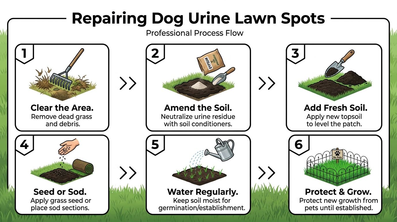 An instructional infographic detailing the six-step process to repair yellow dead dog urine spots on a lawn.