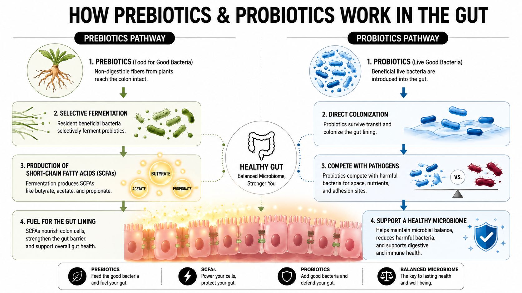 An infographic illustrating how prebiotics and probiotics work to support a healthy gut microbiome.