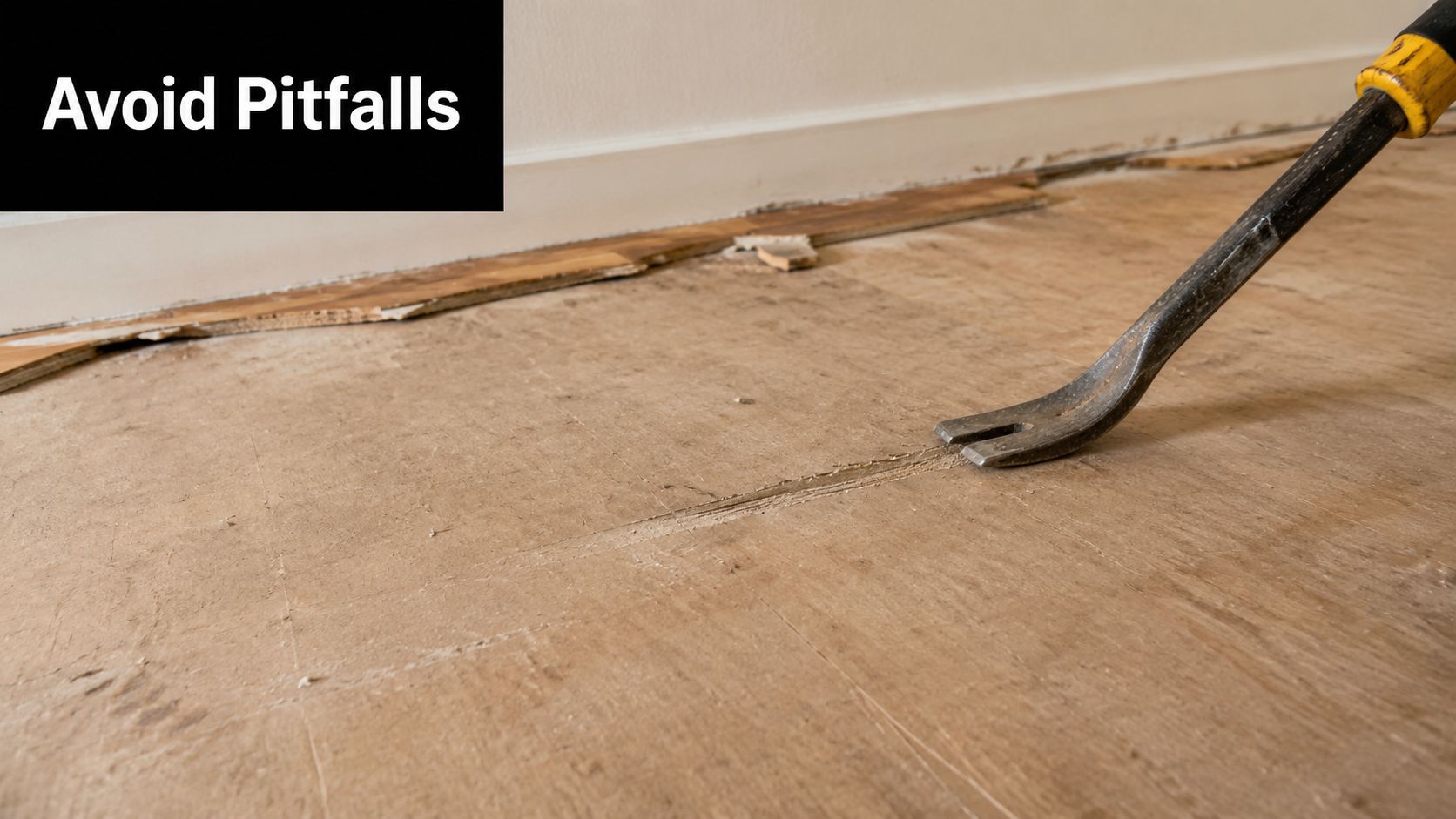 A close up of a crowbar being used to lift up old wooden floorboards during renovation.