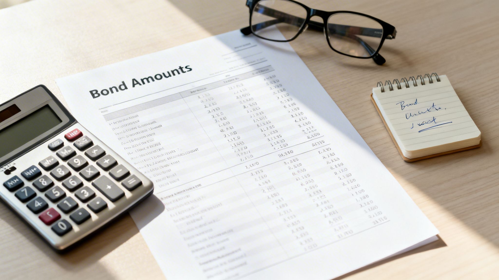 A document titled 'Bond Amounts' with a calculator, glasses, and notebook on a wooden desk.