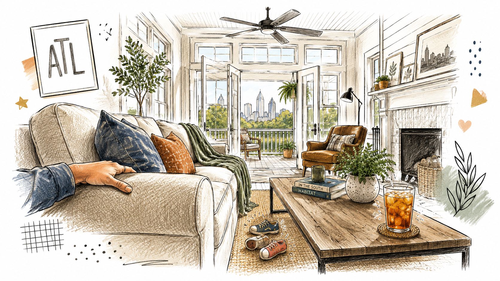 A cozy, sketch-style living room illustration featuring a hand on a sofa overlooking the Atlanta city skyline.