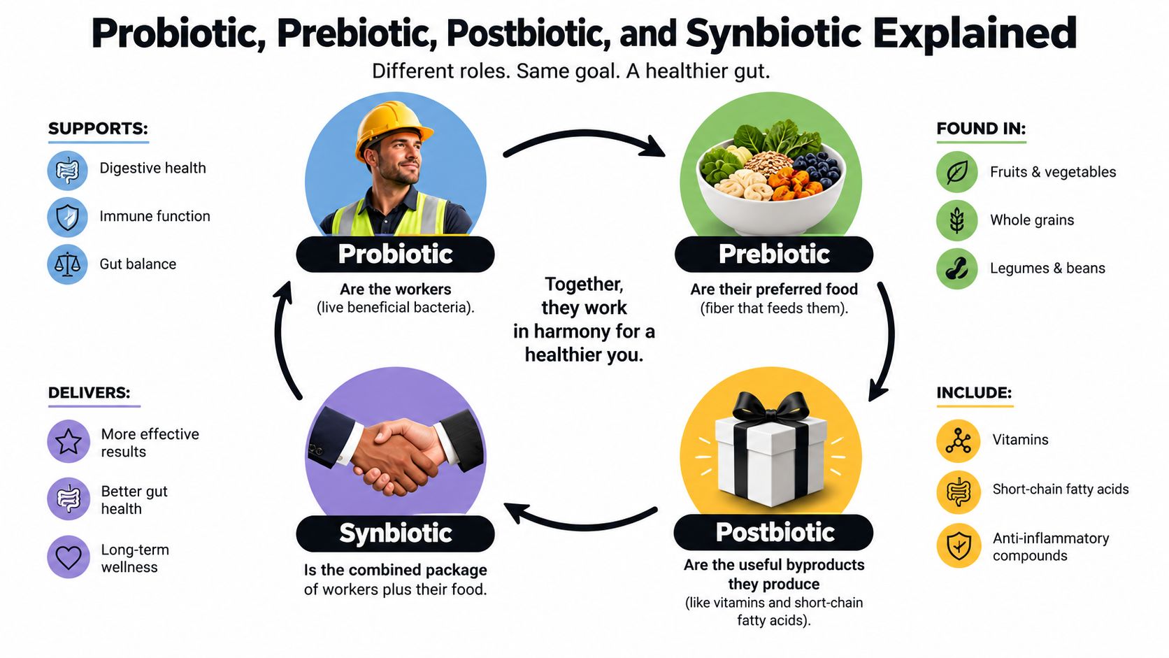 A diagram explaining the roles of probiotics, prebiotics, postbiotics, and synbiotics in maintaining digestive and immune health.