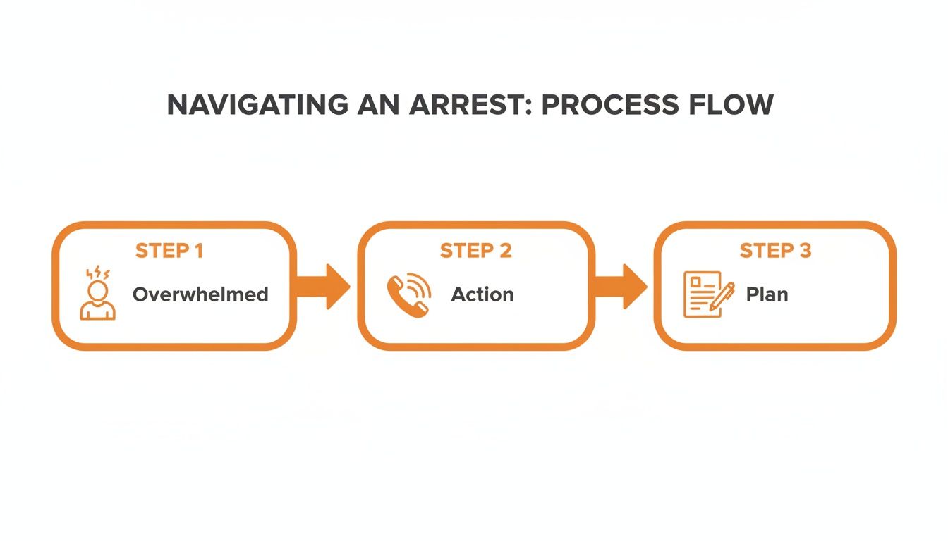 A three-step process flow for navigating an arrest, showing overwhelmed, action, and plan stages.