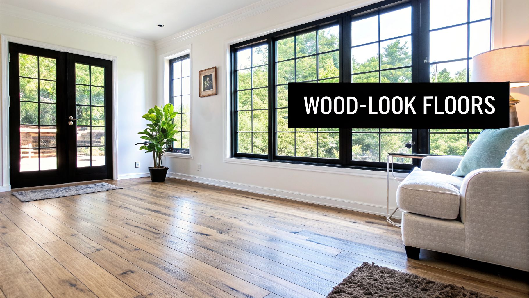 A bright living room with light wood-look floors, large black-framed windows, and a comfy armchair.