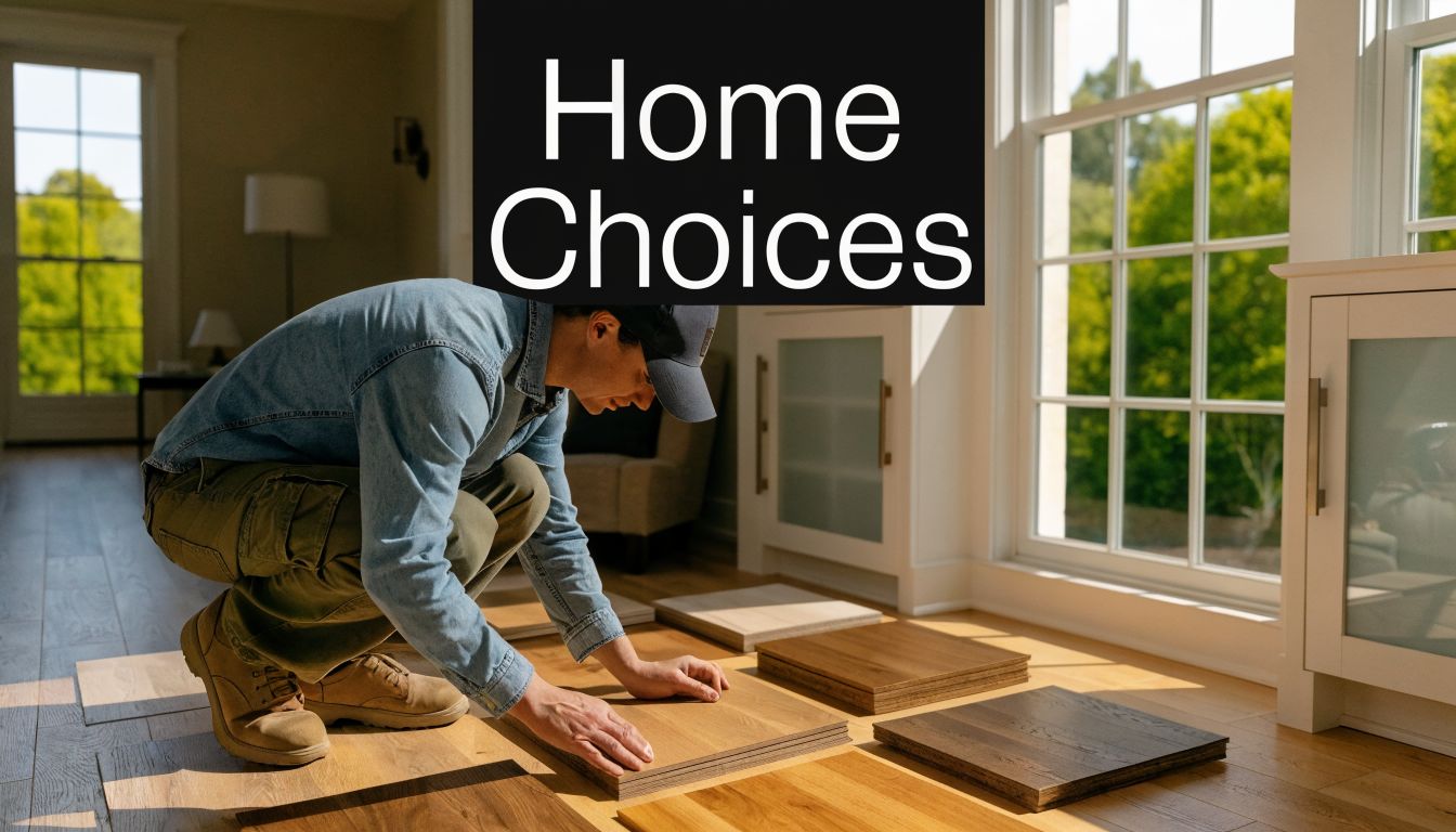 A man in a workshop examining various engineered wood floor samples to choose the right material.