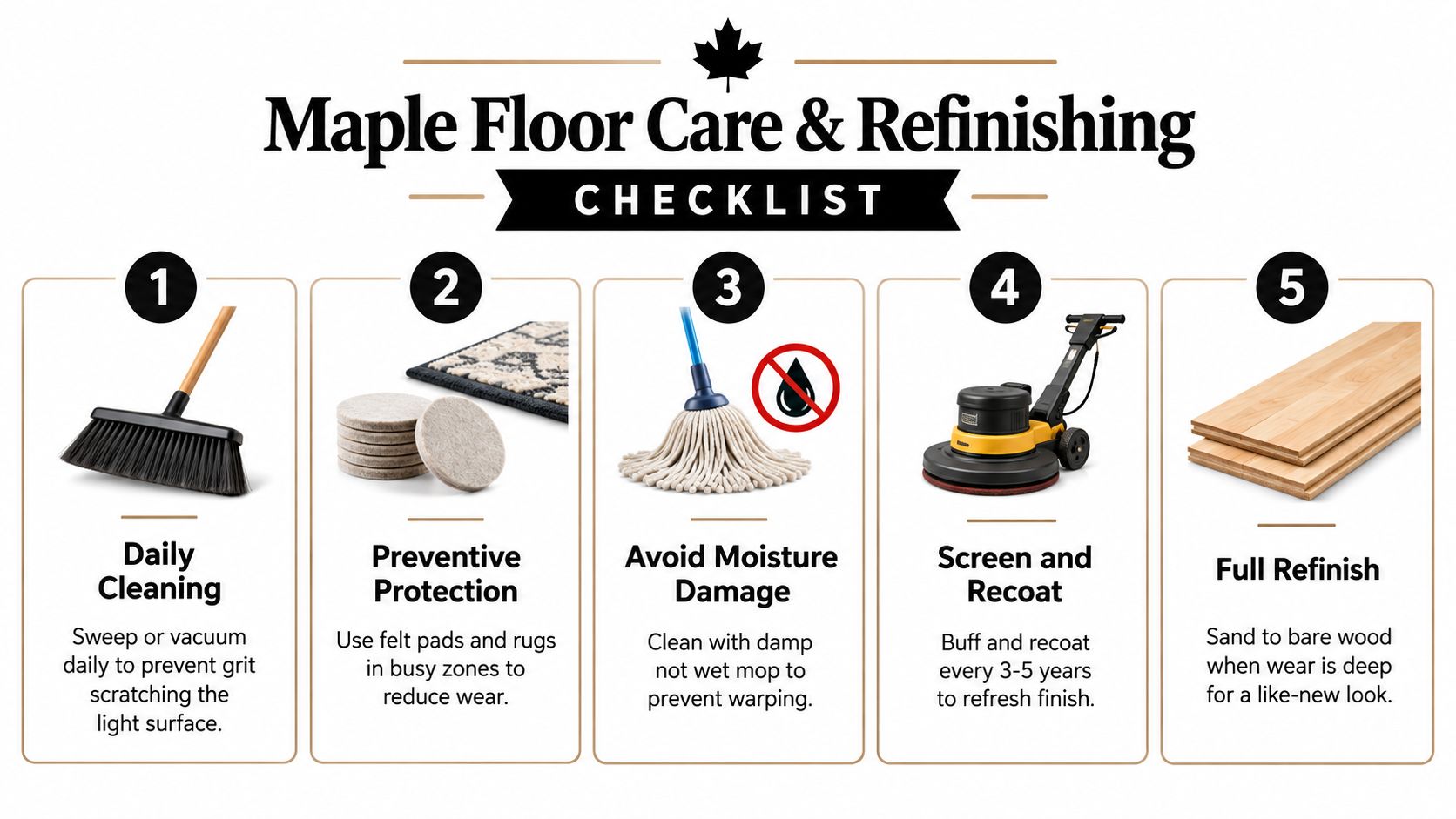 A five-step instructional guide for maintaining and refinishing maple hardwood flooring for long-term durability and appearance.