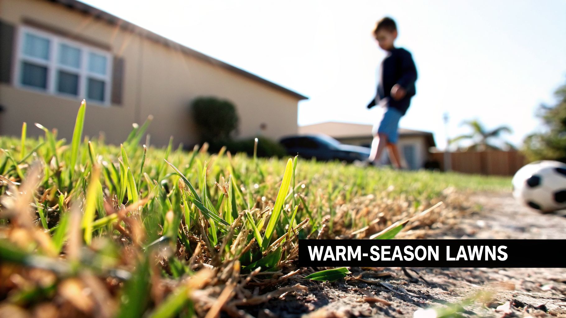 Close-up of green warm-season lawn with a child playing soccer and a house on a sunny day.